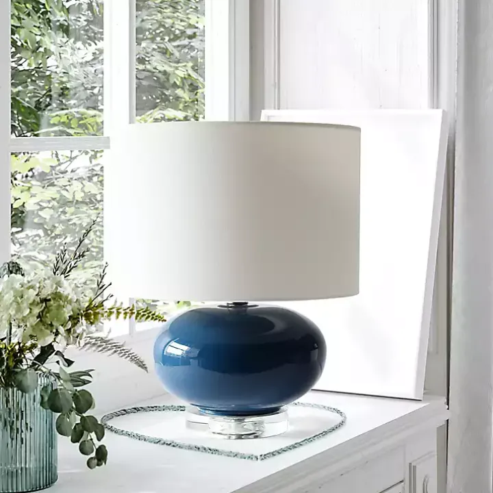 Navy Glass Short Oval Table Lamp