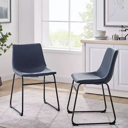 Navy Leather Industrial Dining Chairs, Set of 2