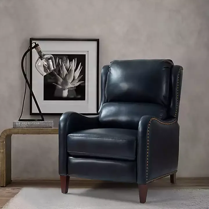 Navy Leather Nailhead Traditional Recliner