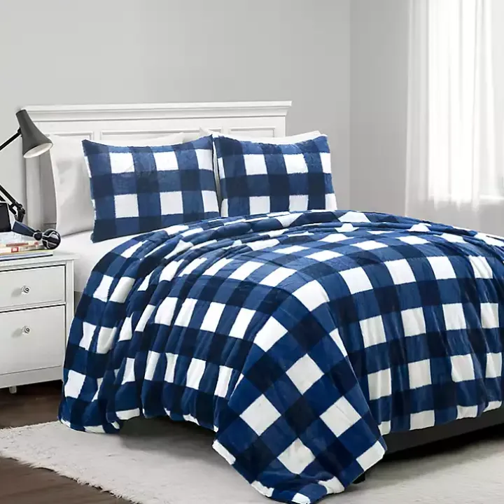 Navy Plaid Faux Fur 3-pc. Full/Queen Comforter Set