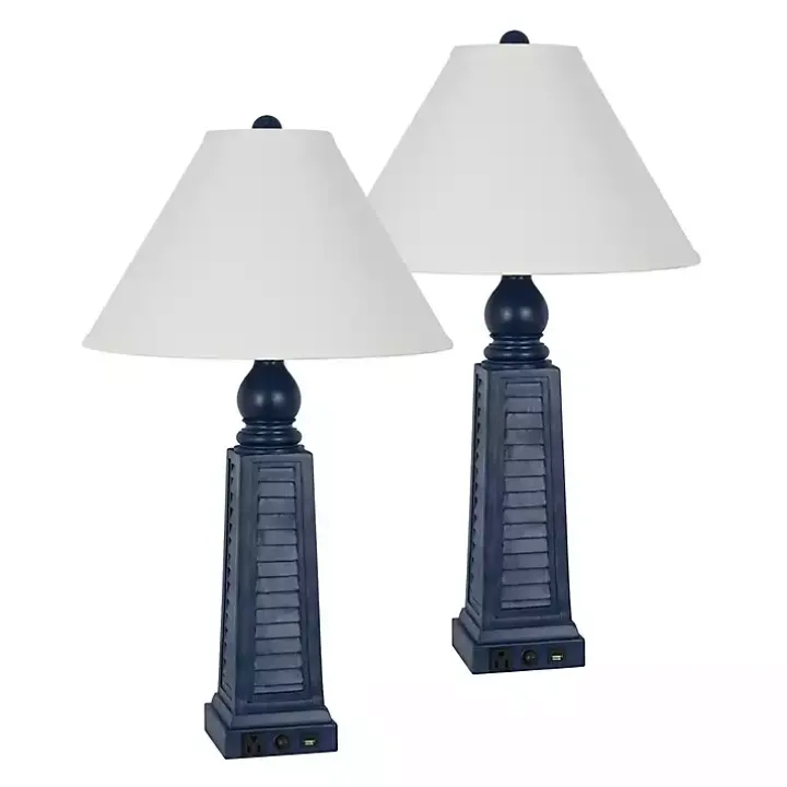 Navy Shutter Charging Table Lamps, Set of 2