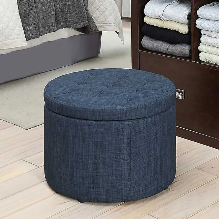 Navy Upholstered Round Shoe Storage Ottoman