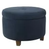 Navy Velvet Upholstered Round Storage Ottoman