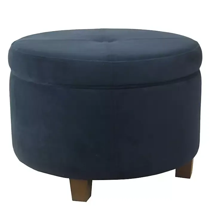 Navy Velvet Upholstered Round Storage Ottoman