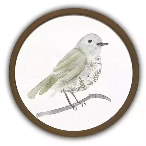 Neutral Sage Bird I Round Framed Art Print