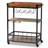 Oak and Black Metal Bar Cart with Bottle Rack