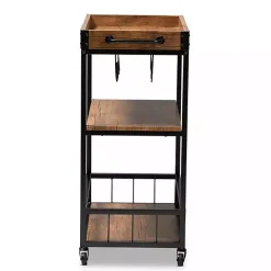 Oak and Black Metal Bar Cart with Bottle Rack