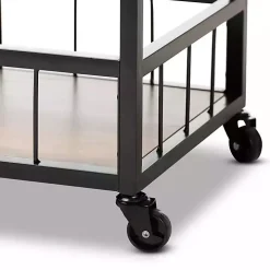 Oak and Black Metal Bar Cart with Bottle Rack