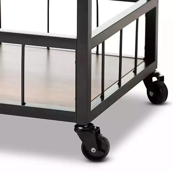 Oak and Black Metal Bar Cart with Bottle Rack
