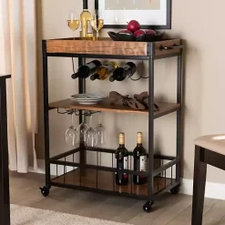 Oak and Black Metal Bar Cart with Bottle Rack
