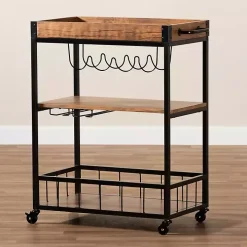Oak and Black Metal Bar Cart with Bottle Rack