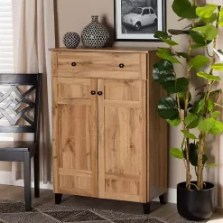 Oak 2-Door Grid Shoe Storage Cabinet