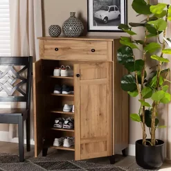 Oak 2-Door Grid Shoe Storage Cabinet