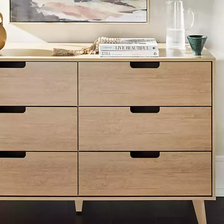 Oak Wood Simple Grooved Handle 6-Drawer Dresser