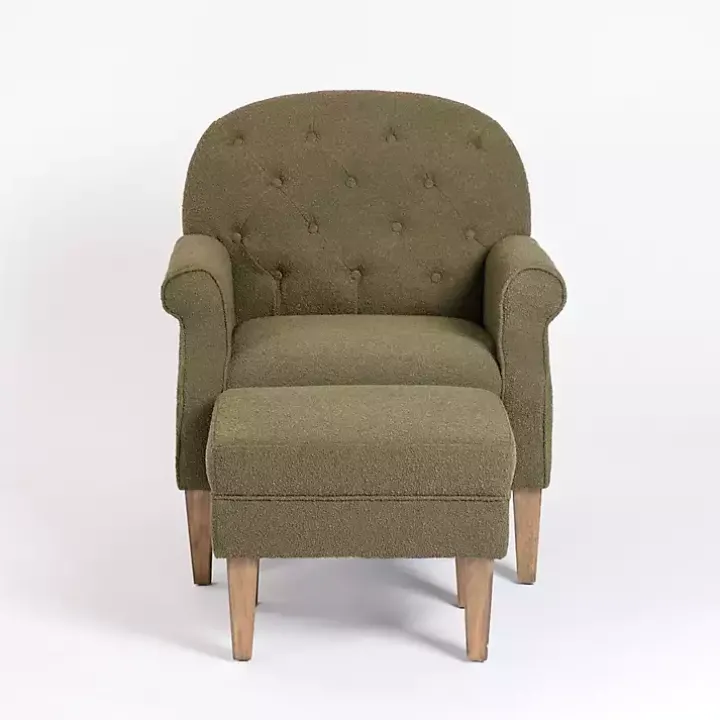 Olive Green Boucle Tufted Chair & Ottoman Set