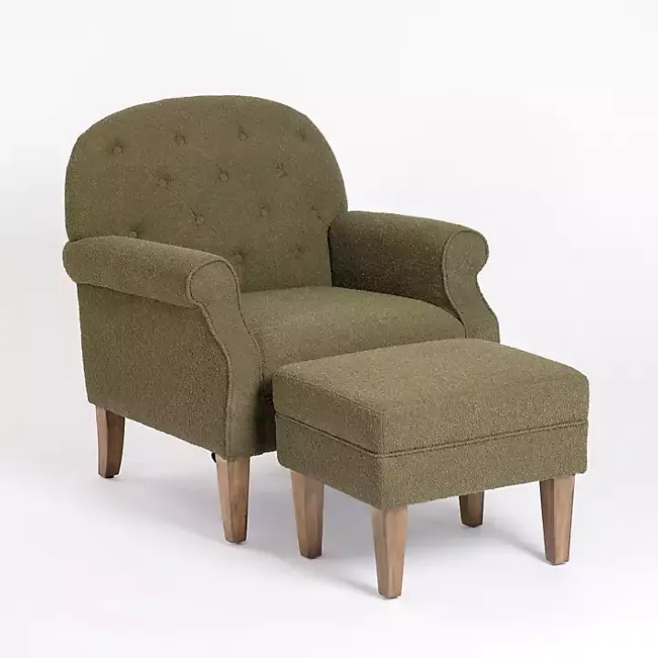 Olive Green Boucle Tufted Chair & Ottoman Set