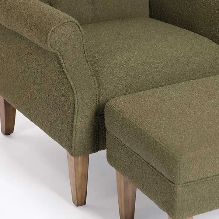 Olive Green Boucle Tufted Chair & Ottoman Set