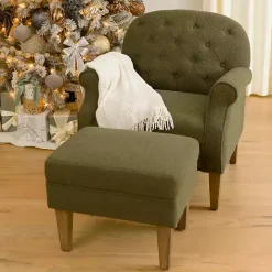 Olive Green Boucle Tufted Chair & Ottoman Set