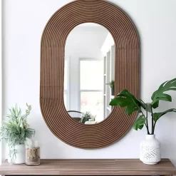 Oval Walnut Ribbed Wood Wall Mirror