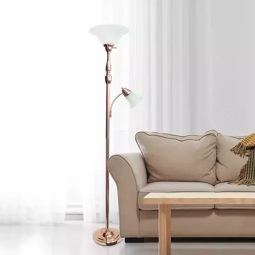 Polished Rose Gold and White Reading Arm Torchiere