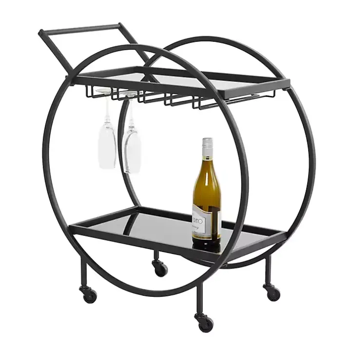 Round Black Metal and Glass 2-Ter Bar Cart