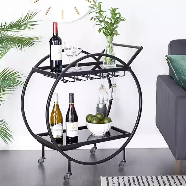 Round Black Metal and Glass 2-Ter Bar Cart