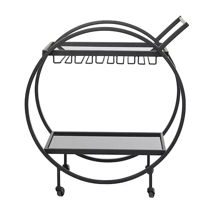 Round Black Metal and Glass 2-Ter Bar Cart
