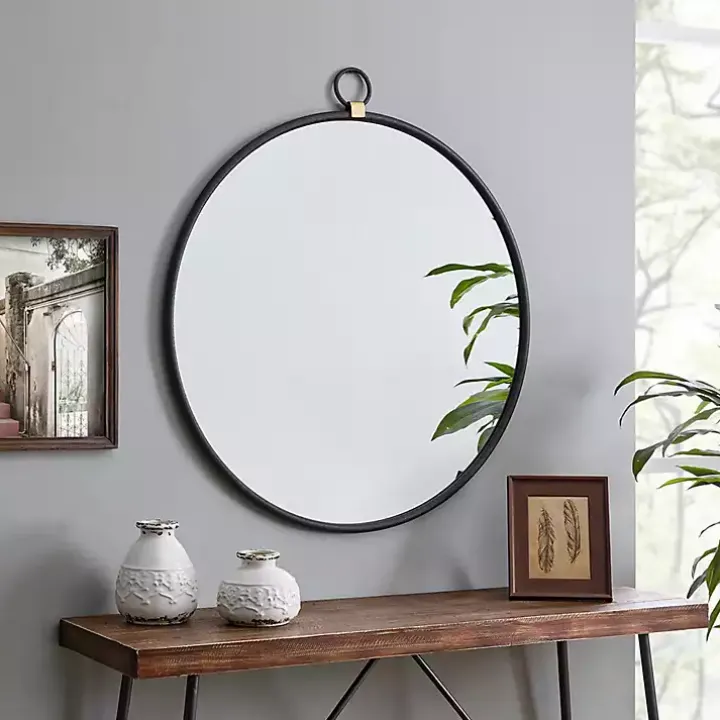 Round Black Metal Mirror with Ring