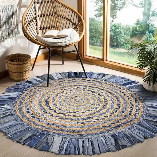 Round Braided Jute and Denim Swirl Area Rug, 3x3