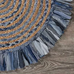 Round Braided Jute and Denim Swirl Area Rug, 3x3