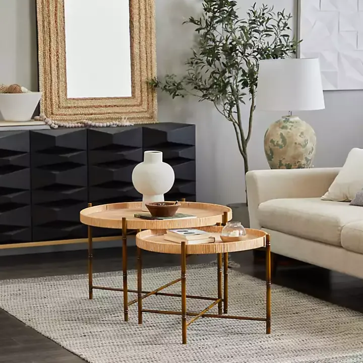 Round Brown Rattan 2-pc. Nesting Coffee Table Set