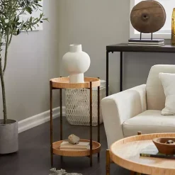 Round Brown Rattan 2-Tier Side Table