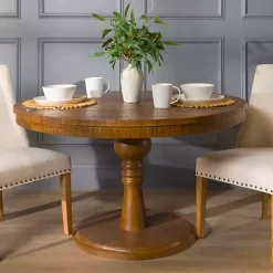 Round Brown Wood Pedestal Dining Table