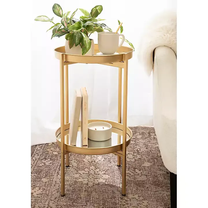 Round Gold Mirrored Foldable Accent Table