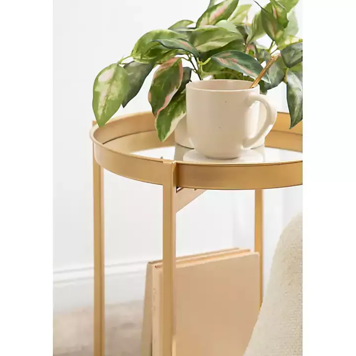 Round Gold Mirrored Foldable Accent Table