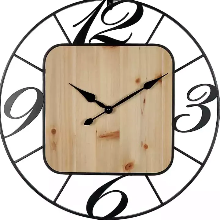 Round Metal & Square Wood Wall Clock