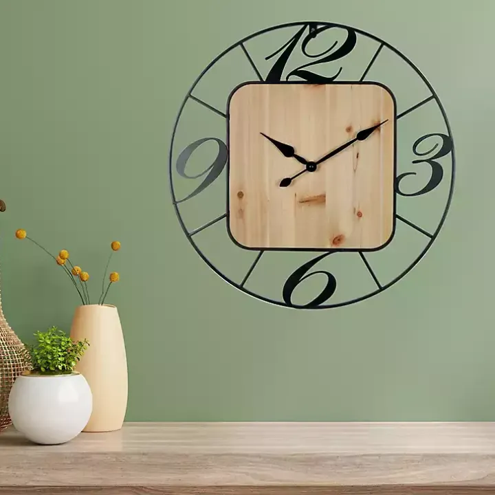 Round Metal & Square Wood Wall Clock