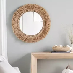 Round Natural Rattan Beaded Wall Mirror