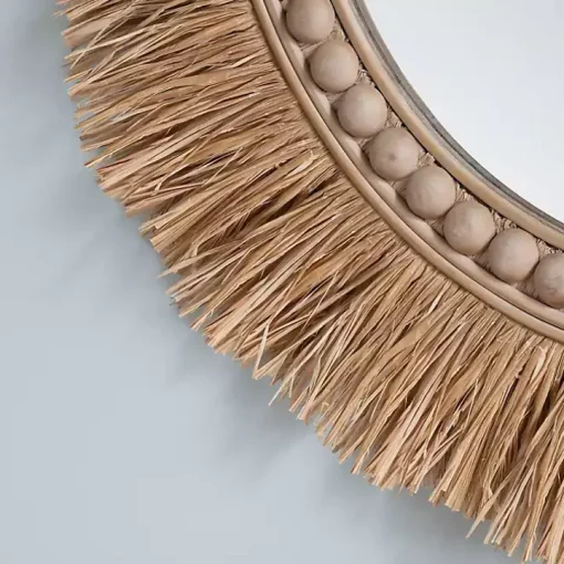 Round Natural Rattan Beaded Wall Mirror