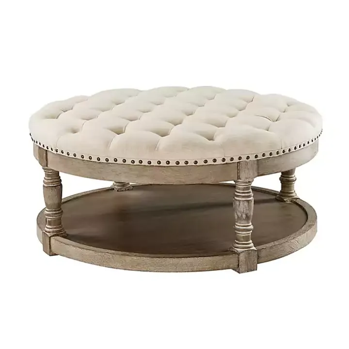 Round Tan Cepheus Tufted Ottoman