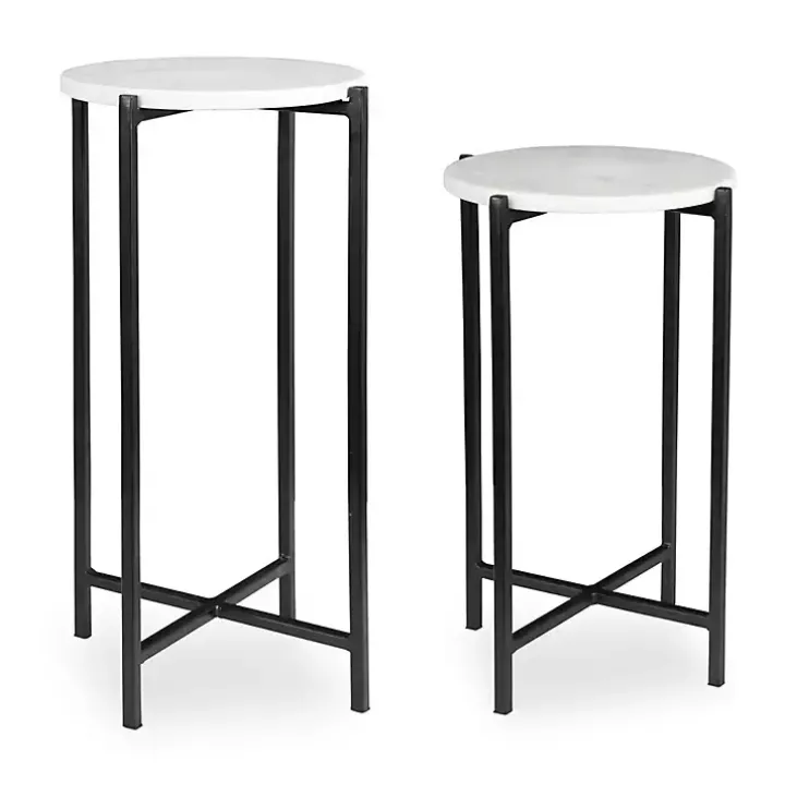 Round White Marble Accent Tables, Set of 2