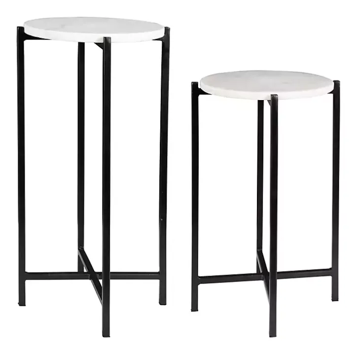 Round White Marble Accent Tables, Set of 2