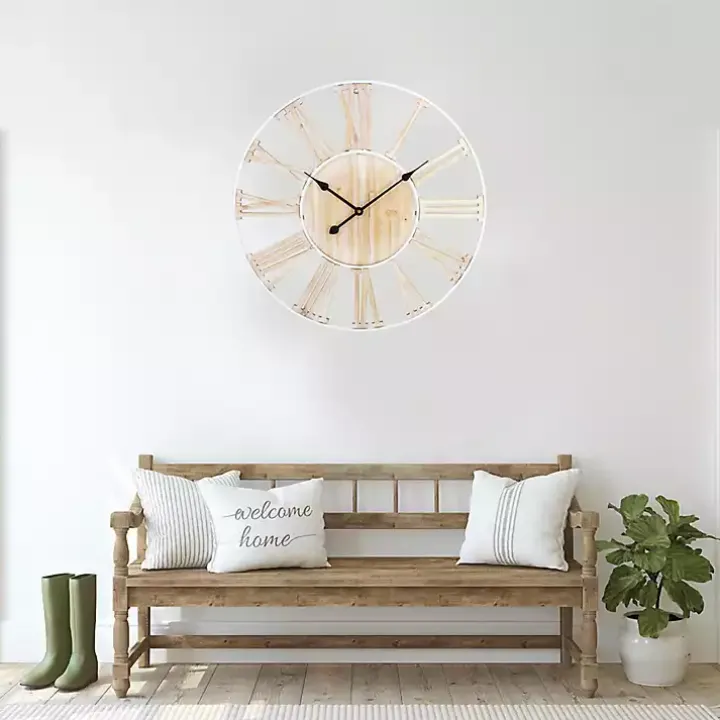 Round White Metal and Wood Wall Clock