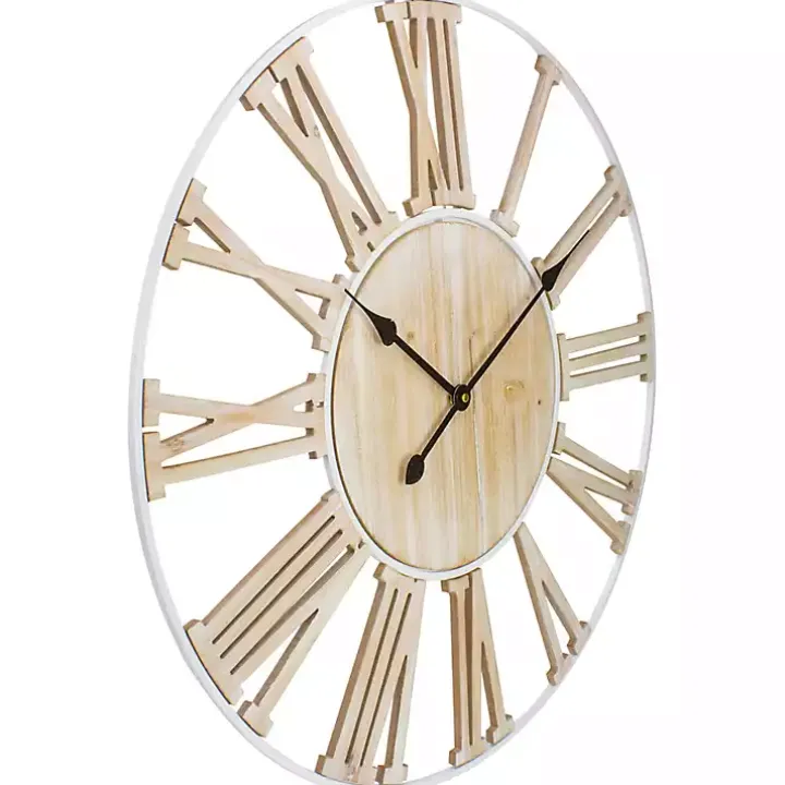 Round White Metal and Wood Wall Clock