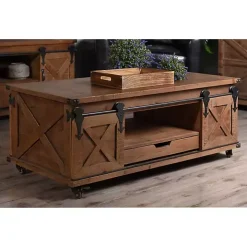 Rustic Fir Wood Rolling Barn Door Coffee Table