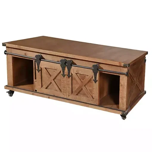 Rustic Fir Wood Rolling Barn Door Coffee Table