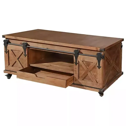 Rustic Fir Wood Rolling Barn Door Coffee Table