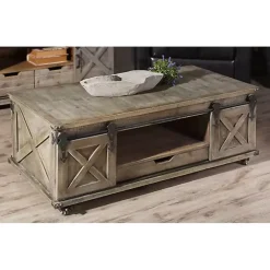 Rustic Gray Wood Rolling Barn Door Coffee Table