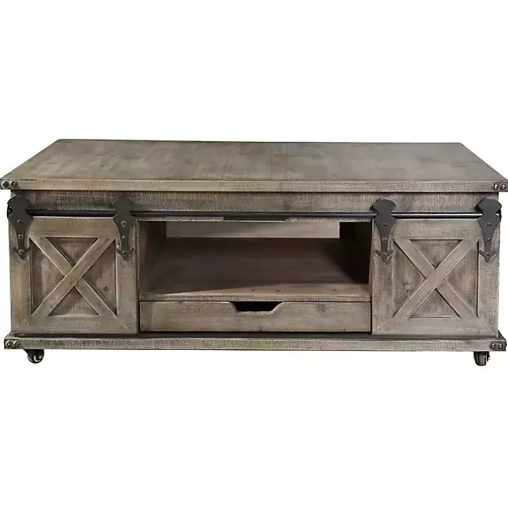 Rustic Gray Wood Rolling Barn Door Coffee Table