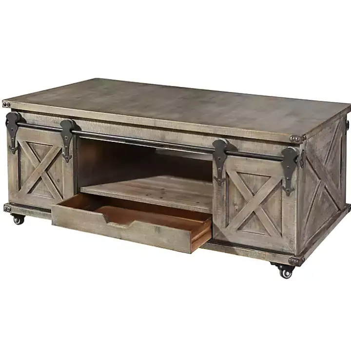 Rustic Gray Wood Rolling Barn Door Coffee Table